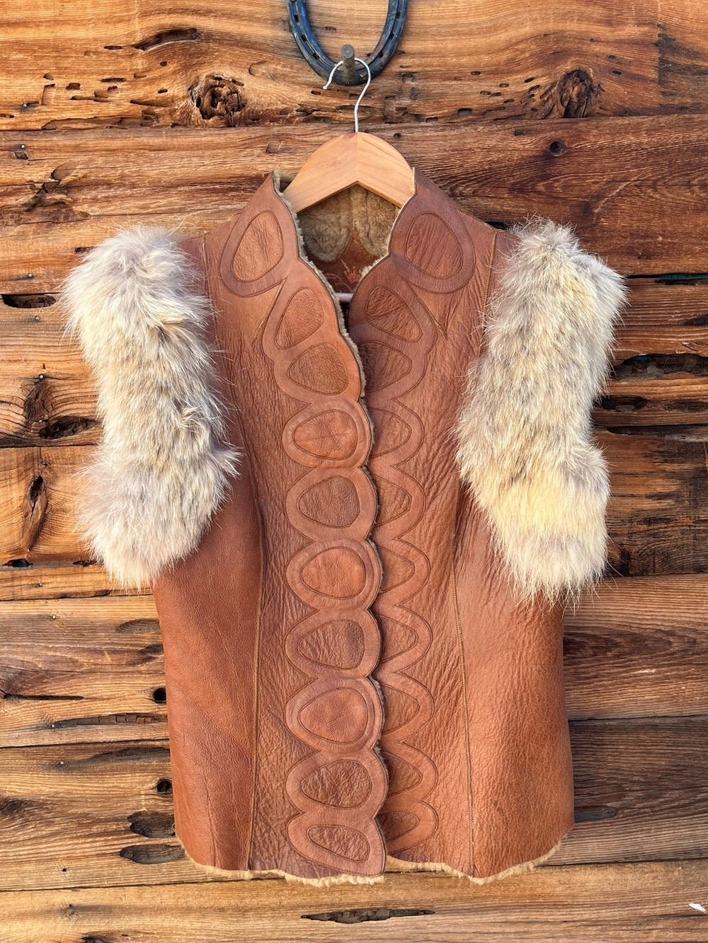 VINTAGE | EB International Leather Shearling Lined Vest W/ Coyote Fur Trim 4